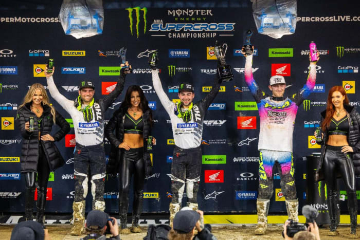 250SX Class podium (racers left to right) Jordon Smith, Nate Thrasher, and Garrett Marchbanks. Photo Credit: Feld Motor Sports, Inc.